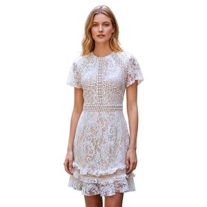 PrettyLittleThing Sophisticated White Frill Hem Lace Bodycon Midi Dress, sz 12